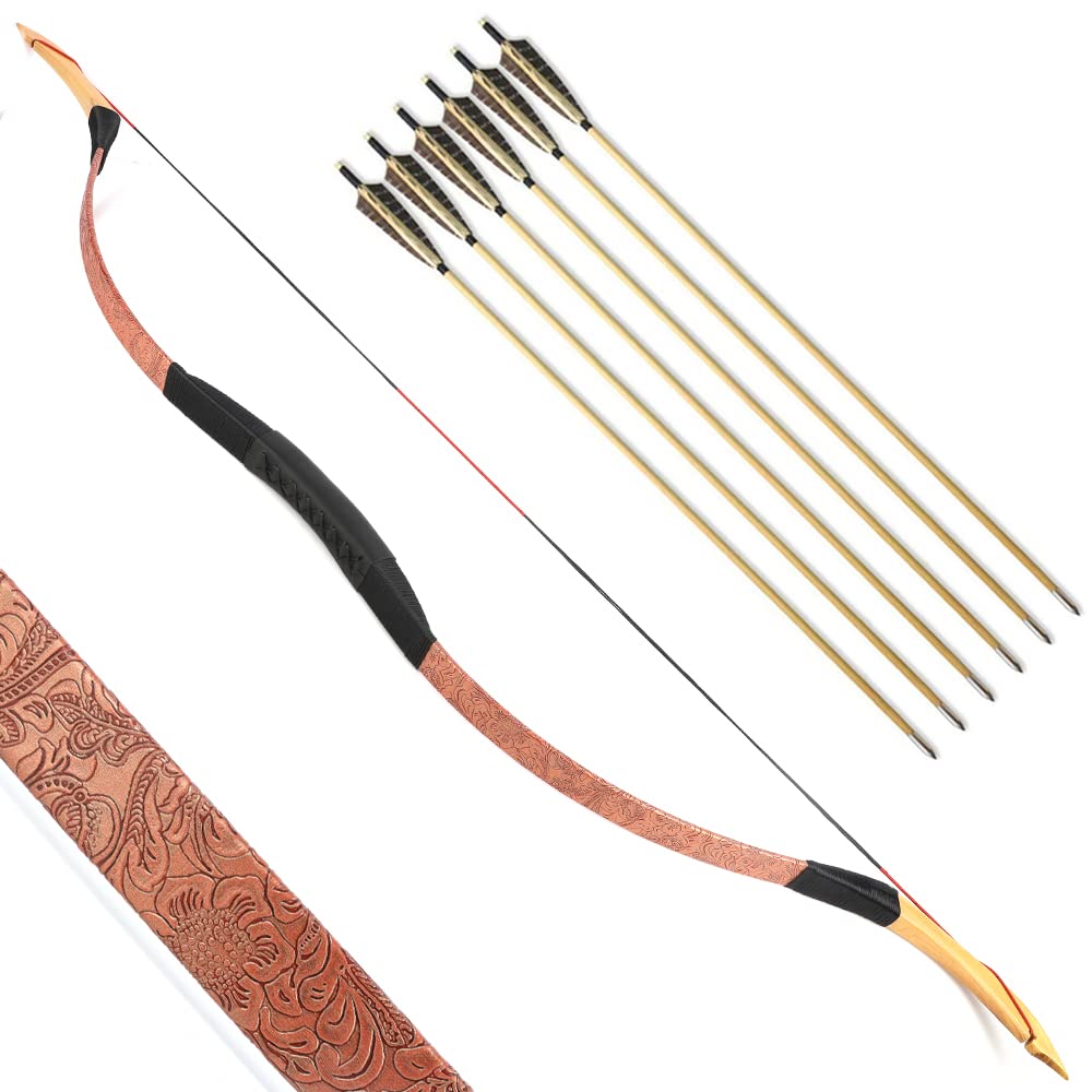 SHARROW Archery Traditional Bow Recurve Bow and Arrows Set Handmade Longbow Wooden Mongolian Horsebow Hunting Bow 20-50lbs for Adult Shooting Practice (35lbs, Type 2)