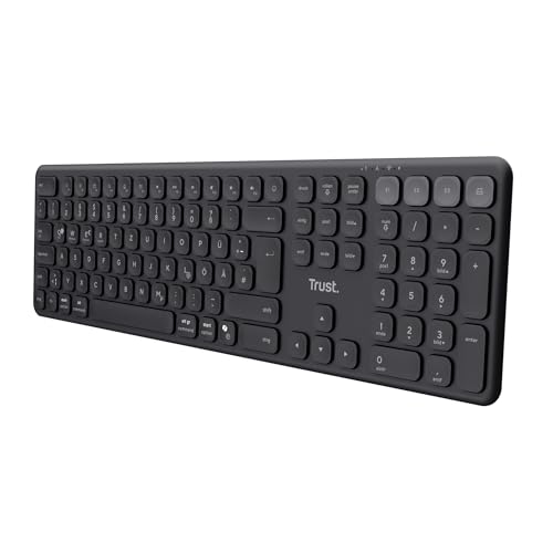 Trust Vaiya Tastatur Kabellos Bluetooth + 2.4 GHz QWERTZ-Layout Standardgröße Funktastatur mit Nummernblock Integrierter Akku 55% Recyclingkunststoff Windows iOS iPadOS macOS Android Schwarz