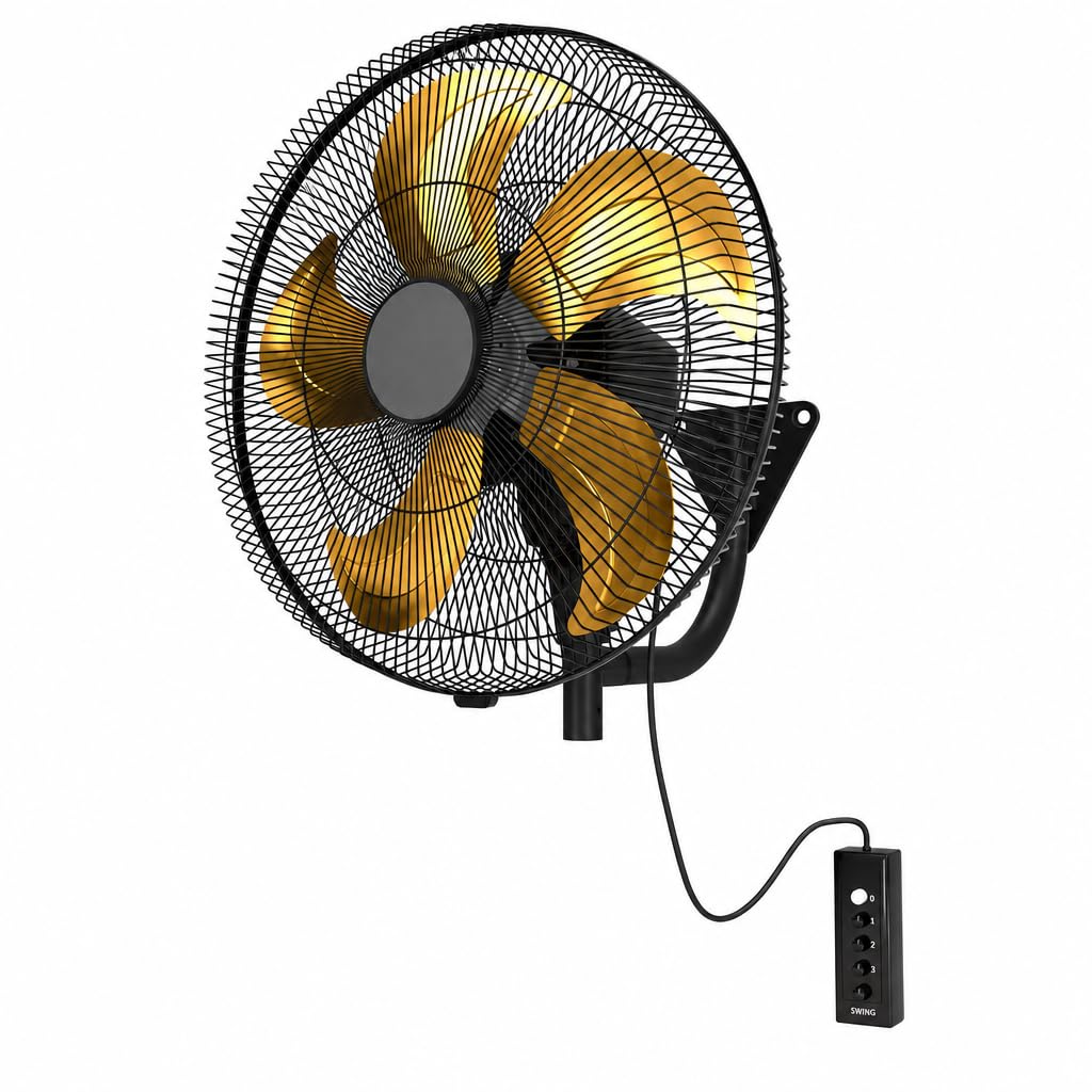 Ventilador de Pared Industrial 152 W, 5 Aspas, 3 Velocidades, Negro/Oro