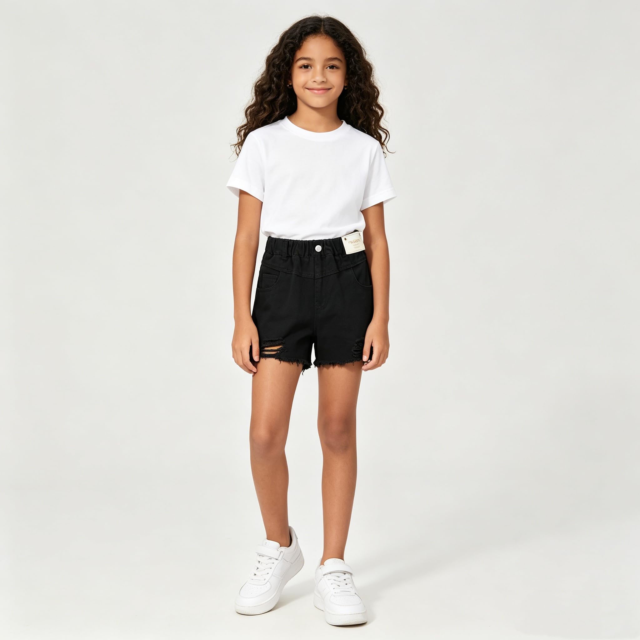 Rolanko Shorts en Jean pour Filles Taille Élastiquée Été Déchirés Jeans Courts avec Poches pour Enfants