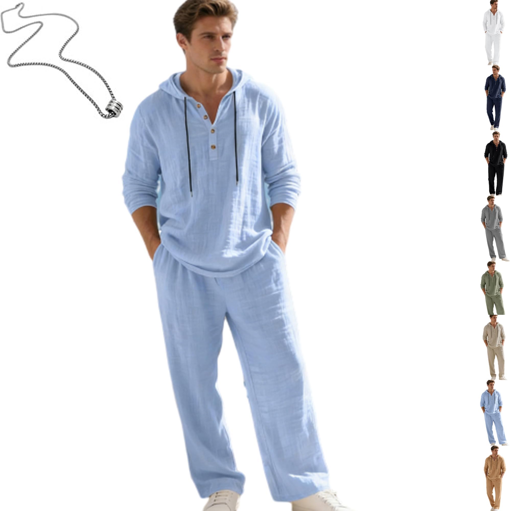Men's Hooded Casual Loose Top & Pants 2-Piece Set, Comfortable Beach Relaxed Linen Long Sleeve Hoodie Lounge Outfit