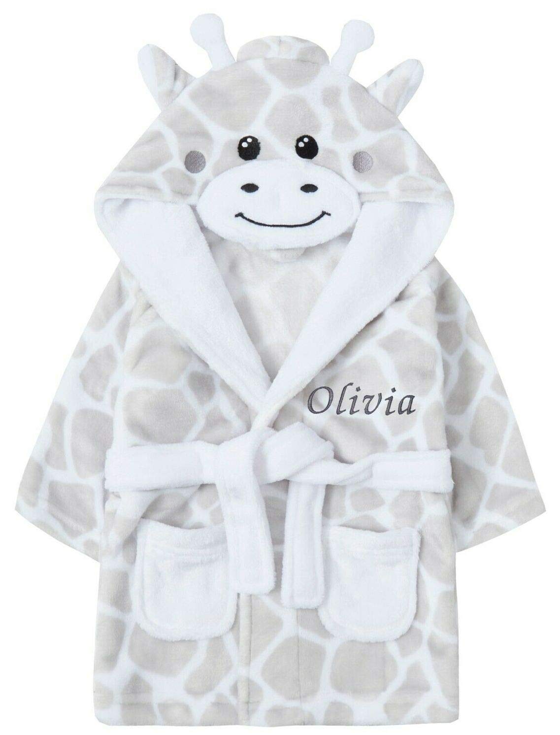 Baby Girl Boy Personalised Dressing Gown Bathrobe Hooded Elephant Duck Giraffe Animal (18-24 Months, Giraffe)
