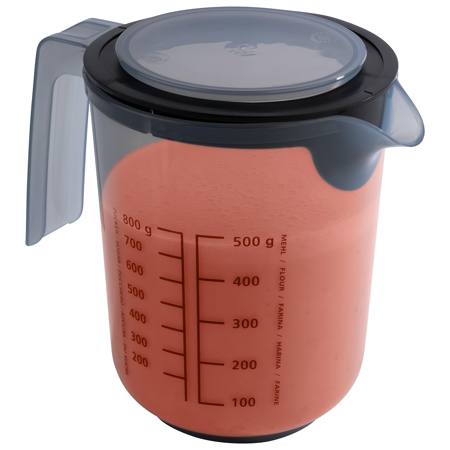 APS 30072 Kubek do mieszania z pokrywką – kubek z miarką do płynów (l/ml), cukru (g) i mąki (g) / pojemność 1 litr/Ø 12,5 cm/wysokość 16 cm/nadaje się do mycia w zmywarce, szary francuski