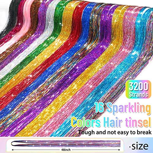 Hair Tinsel Kit (48 Inch,16 Colors, 3200 Strands), Glitter Tinsel Hair Extensions With Tools, Heat Resistant Fairy Hair Tinsel Kit For Women Girls Kids Daily Parties Festival Hair Accessories #TOP3