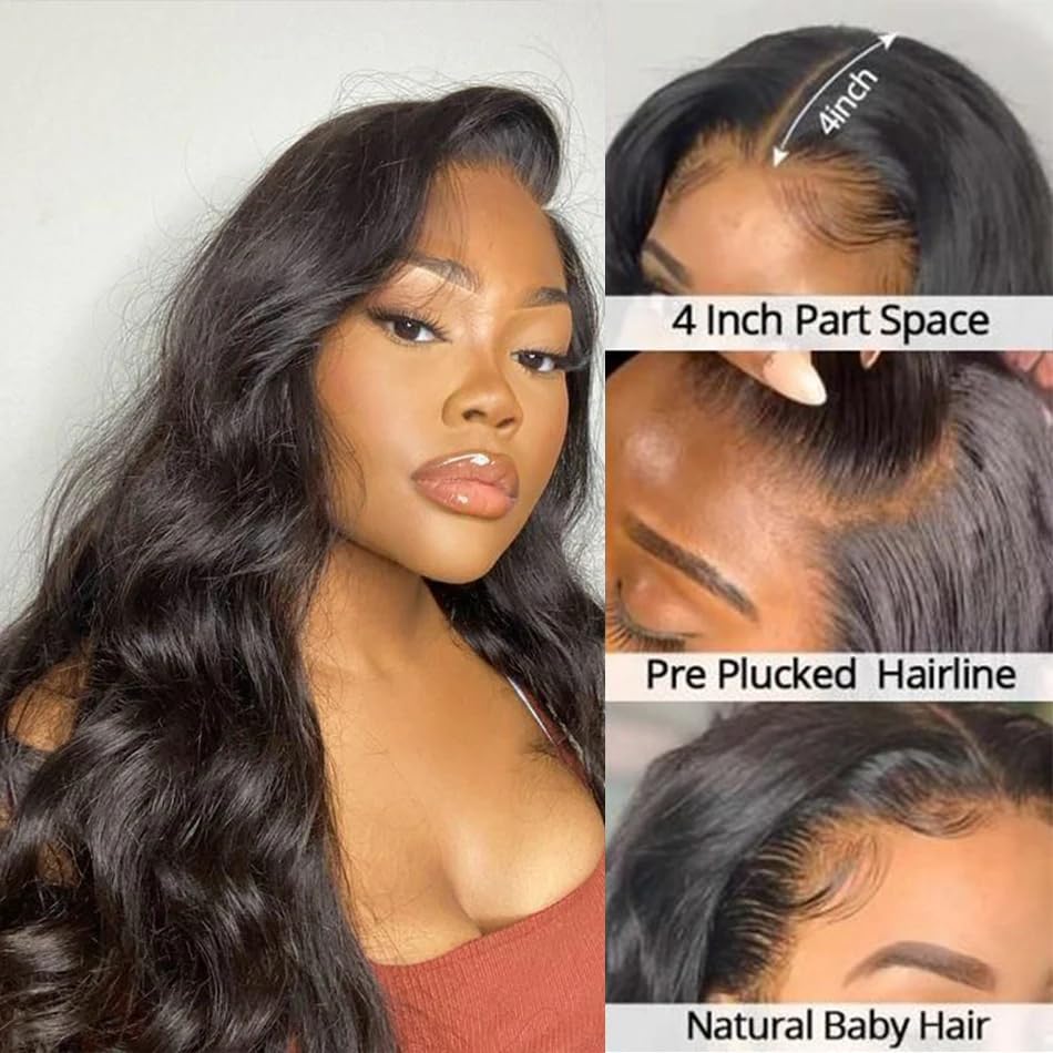 Image of 4x4 Body Wave Lace Front Wigs Human Hair Pre Plucked with Baby Hair 180% Density 16 Inch Human Hair Wigs Brazilian Virgin Frontal 4x4 Glueless HD Lace Closure Wig Human Hair for Black Women