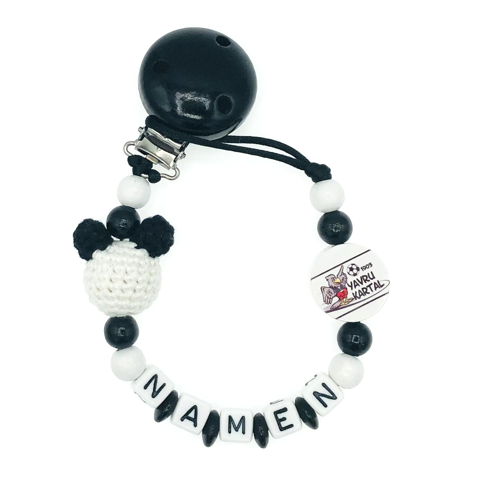 Set Nuckelkette + Kinderwagenkette mit Namen " für BESIKTAS Fan - YAVRU KARTAL - MAUS " Schwarz Weiß/Baby/Unisex/Personalisiert/HANDMADE