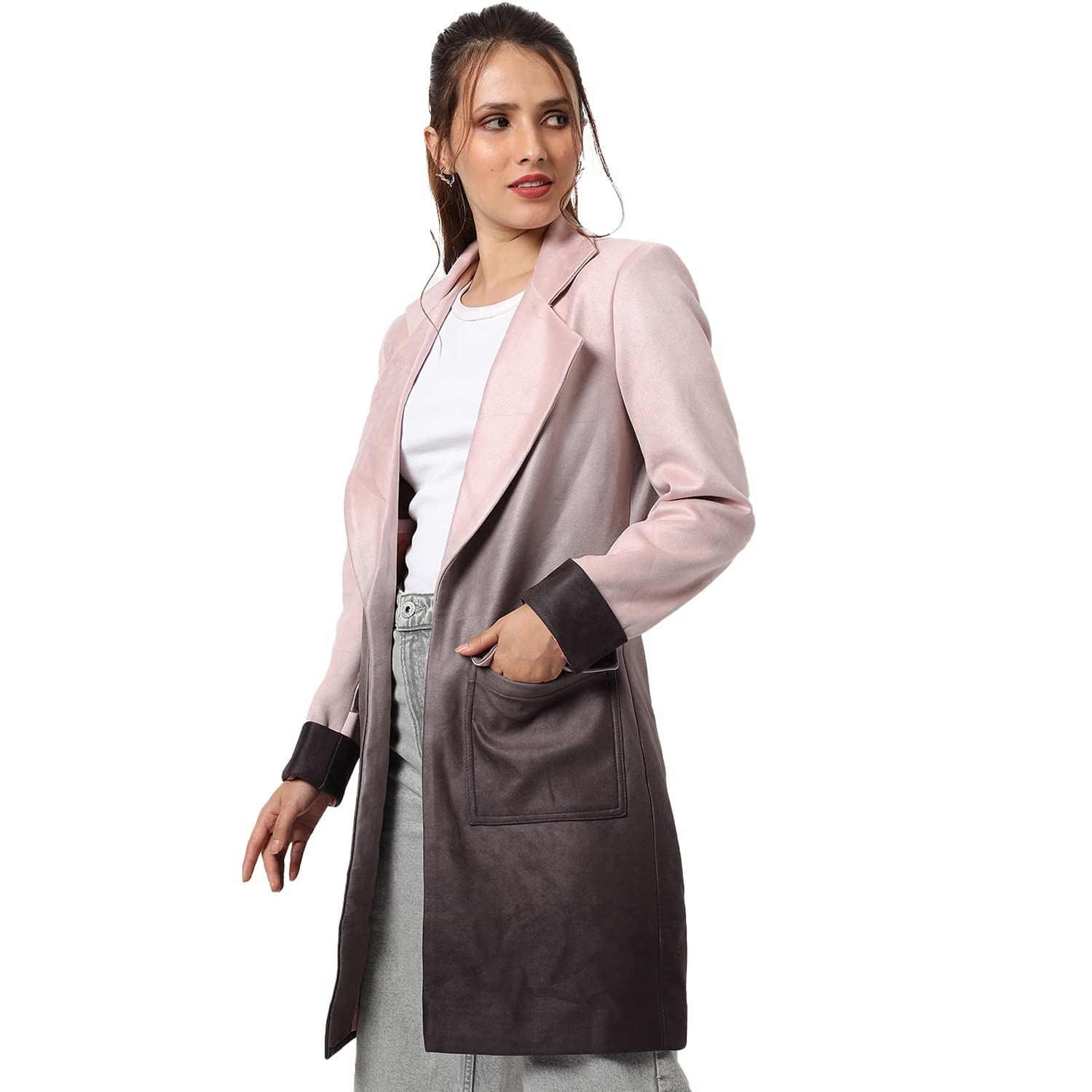 Campus Sutra Women Dusky Pink & Brown Ombre Regular Fit Long Coat For Casual Wear. Lapel Collar, Regular Full Sleeve. Coat Crafted With Comfort Fit And High Performance For Everyday Wear-image-45