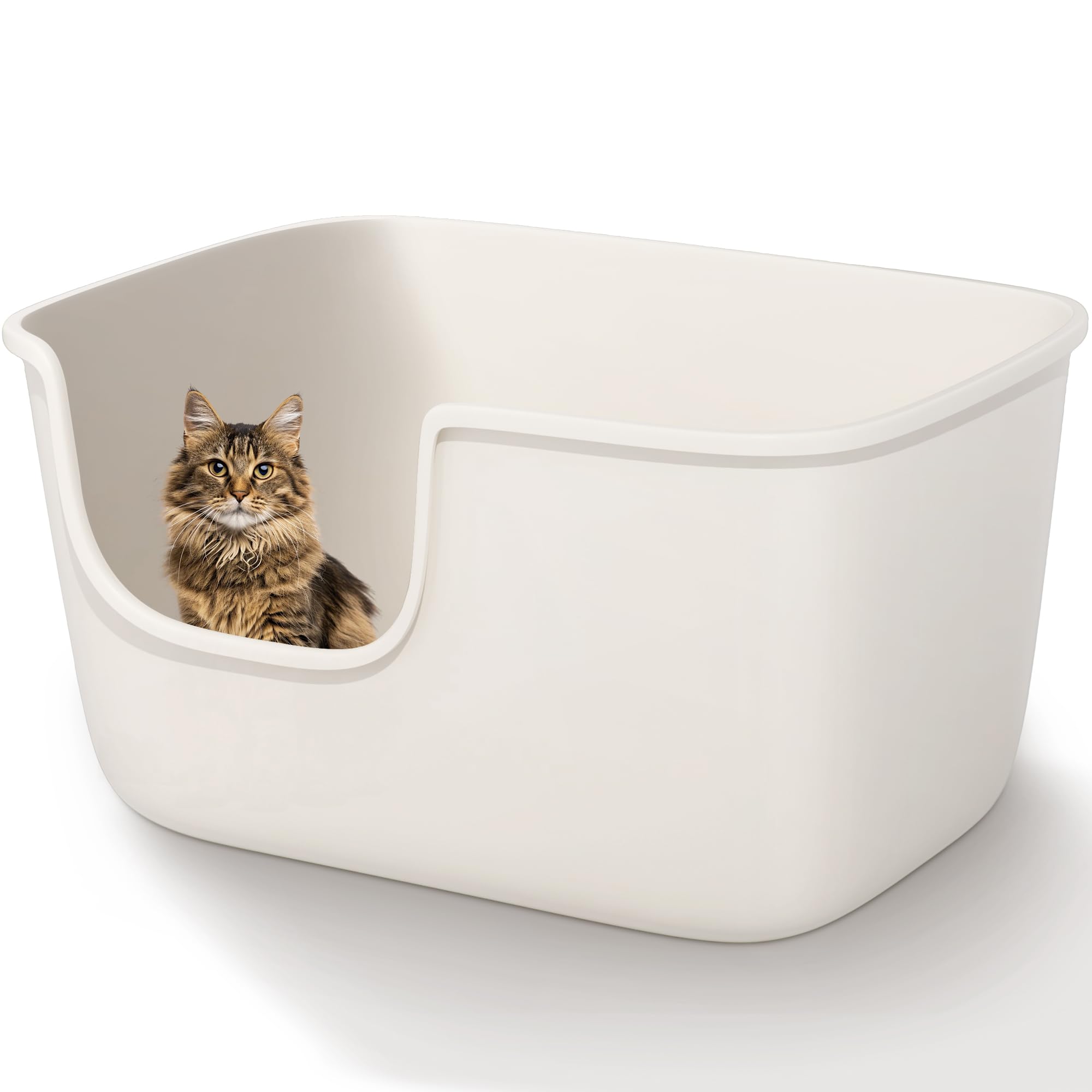 Vealind Large High Sided Cats Litter Tray Extra Deep Kitty Litter Box for Multi Cats with Household, High Wall Cat Litter Tray Anti-Splashing Kitty Litter Box (White)