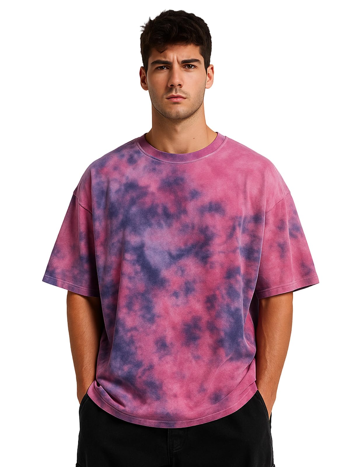 Veirdo T-shirt da uomo a mezza manica rotonda in 100% puro cotone oversize vestibilità ampia spalla goccia fresca e accogliente Tie & Dye rotonda mezza manica t-shirt per uomo (taglie: dalla S alla