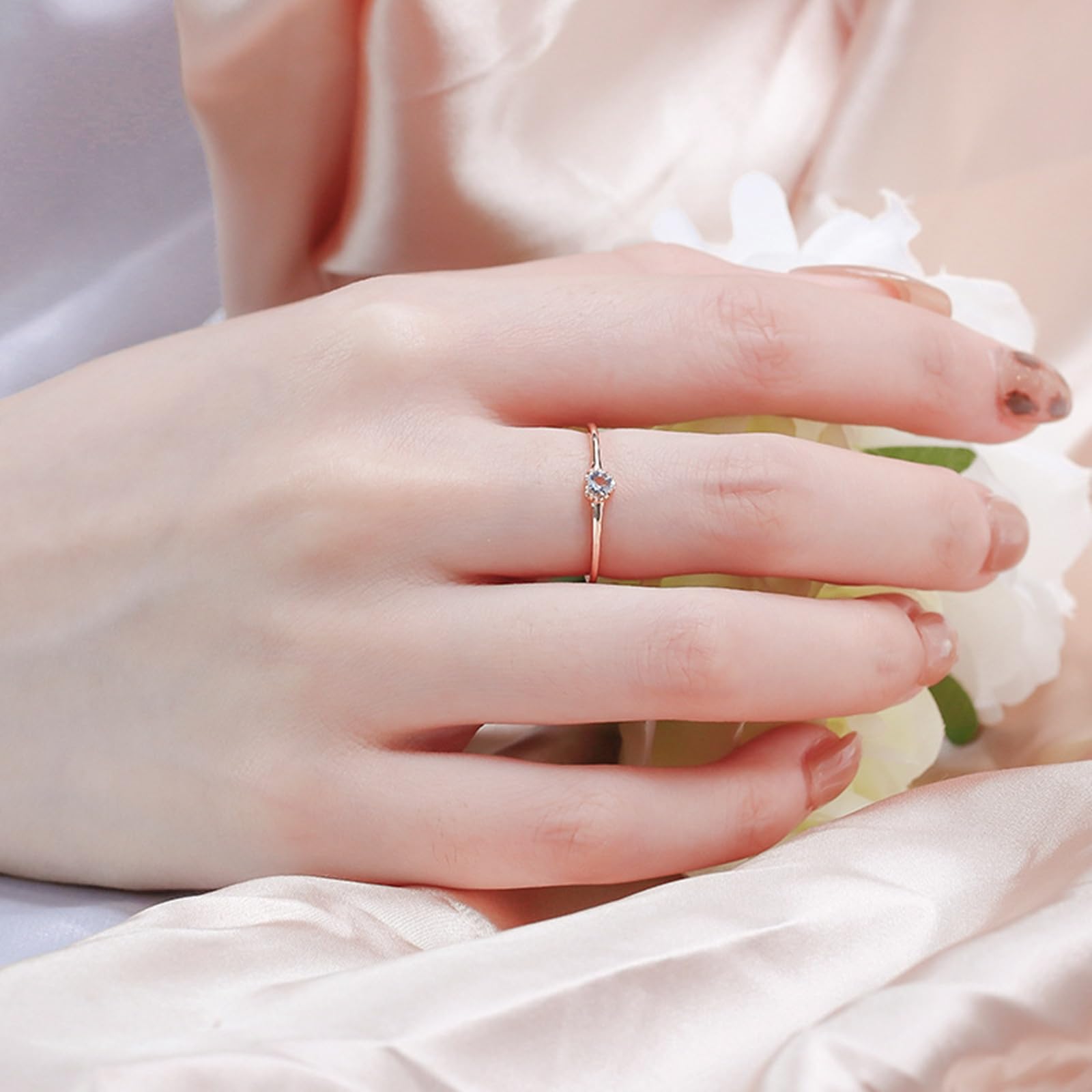 Anillo apilable fino de oro de 9 K/14 K/18 K, para mujer, corazón aguamarina, aguamarina, oro auténtico