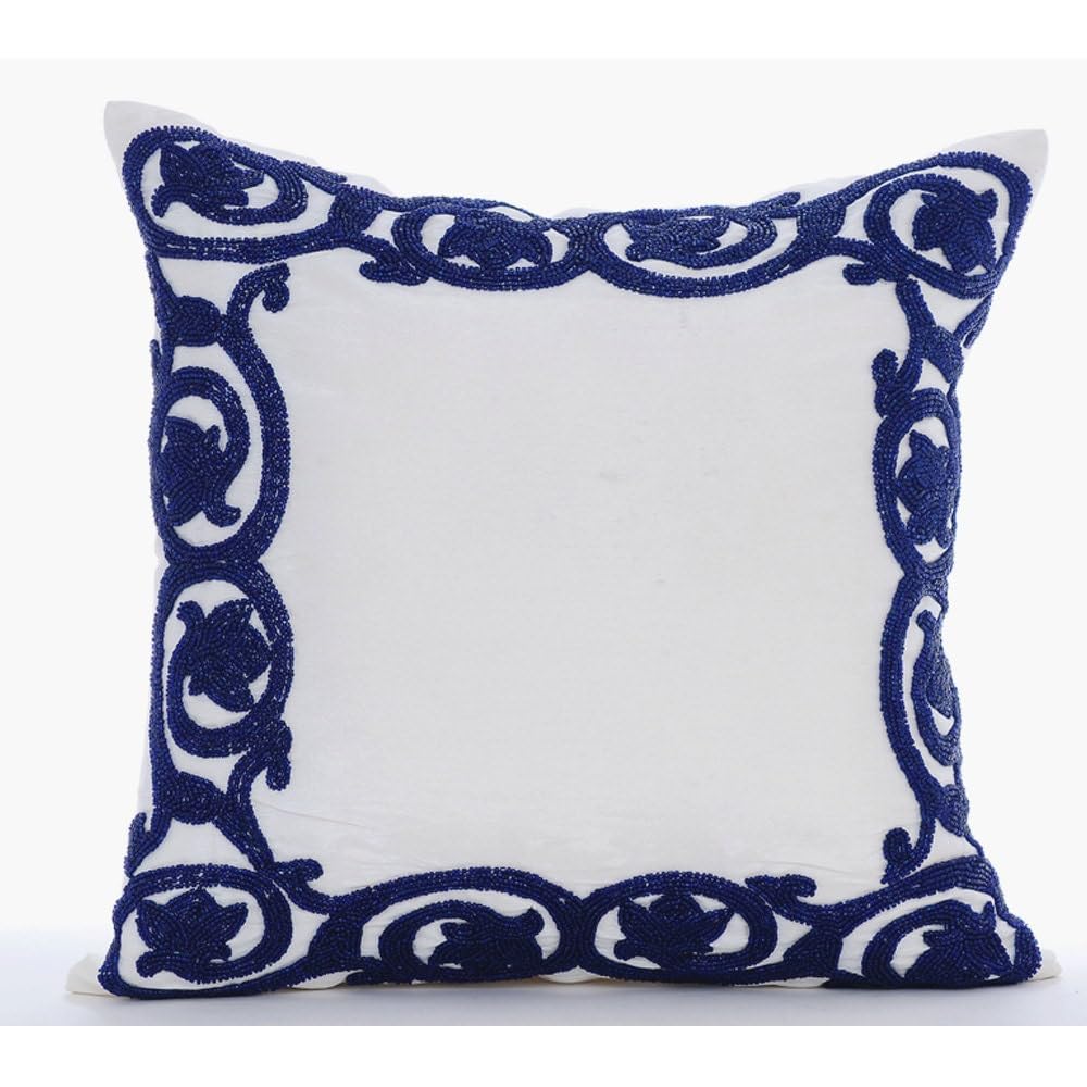 The HomeCentric Pack of 2, 55x55 cm (22x22 inch) Cushion Case, White Cushions Cover Turkish Floral Border Bordered Cushions Cover Art Silk Square Cushion Covers, Bordered Art Deco - Turkish Border