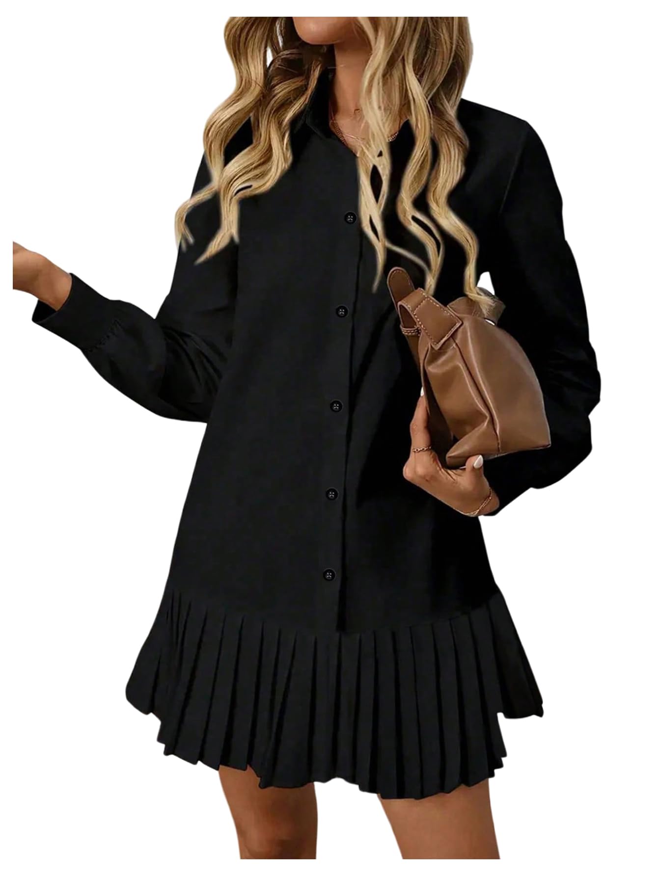 SOLY HUX Womens Button Down Shirt Dress Collared Long Sleeve Pleated Swing Mini Dresses
