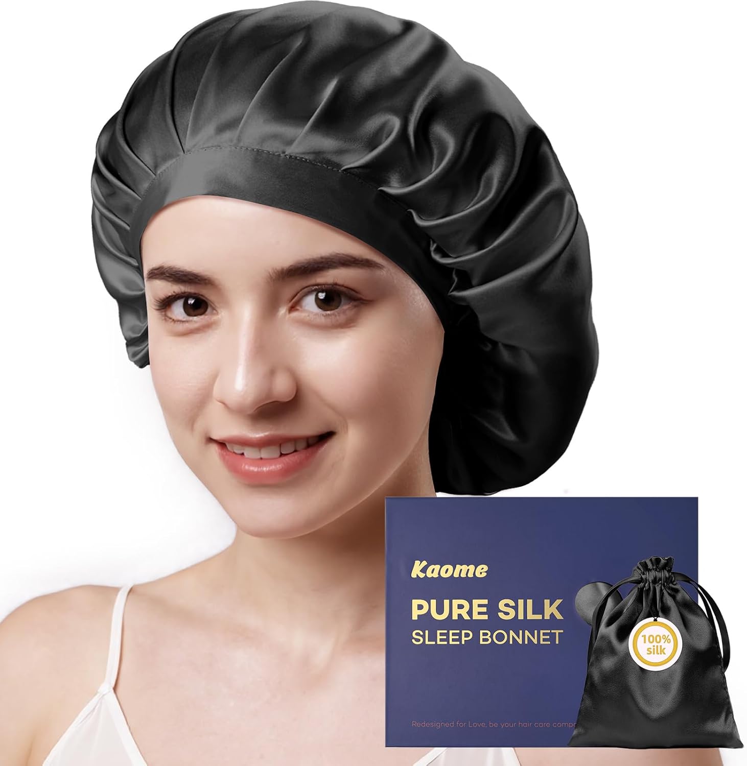 Kaome 100% Mulberry Silk Bonnet for Sleeping Women, 22 Momme Double Layer Silk Hair Wrap, Non-Slip Sleep Cap with Adjustable Elastic Band for Long Curly Hair Care, Comfortable and Breathable, Black Kaome 100% Mulberry Silk Bonnet for Sleeping Women, 22 Momme Double Layer Silk Hair Wrap, Non-Slip Sleep Cap with Adjustable Elastic Band for Long Curly Hair Care, Comfortable and Breathable, Black