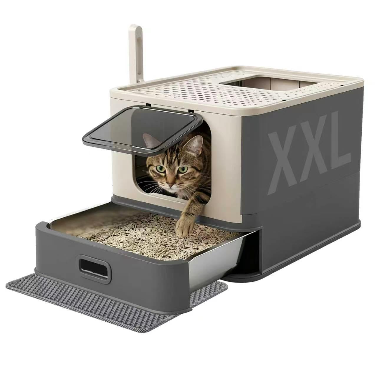 Pakeway Katzenklo aus Edelstahl Geschlossen mit 2 Einstiegsmöglichkeiten XXL Große Hygienische Katzentoilette Geruchsneutral Inklusive Schaufel und Matte Für Alle Rassen Platzsparend Faltbar auf 15 cm