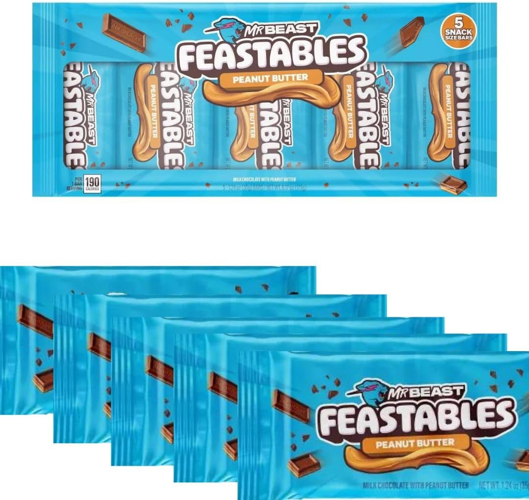 GenericFeastables | Mr Beast Chocolate Bar | [5 BAR BUNDLE] Milk Chocolate Peanut Butter | New Formula Creamier 1.23 oz | Multipack Peanut Butter Chocolate Candy, Full Size