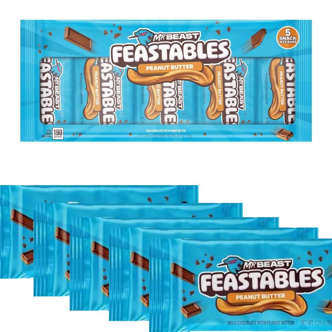 GenericFeastables | Mr Beast Chocolate Bar | [5 BAR BUNDLE] Milk Chocolate Peanut Butter | New Formula Creamier 1.23 oz | Multipack Peanut Butter Chocolate Candy, Full Size