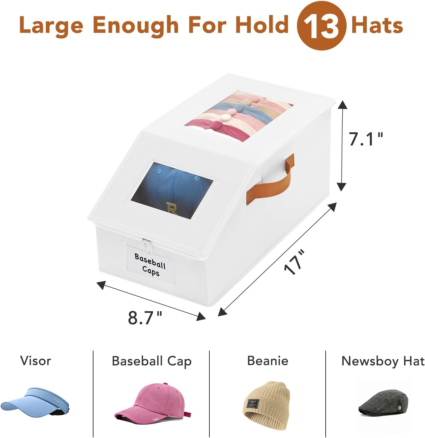 2 Pcs Extra Large Hat Organizer & Storage Box for Baseball Cap with Dual Clear Windows Dust-Proof Double Zipper, Stackable Design & Sturdy Handles for Closet, White image 3