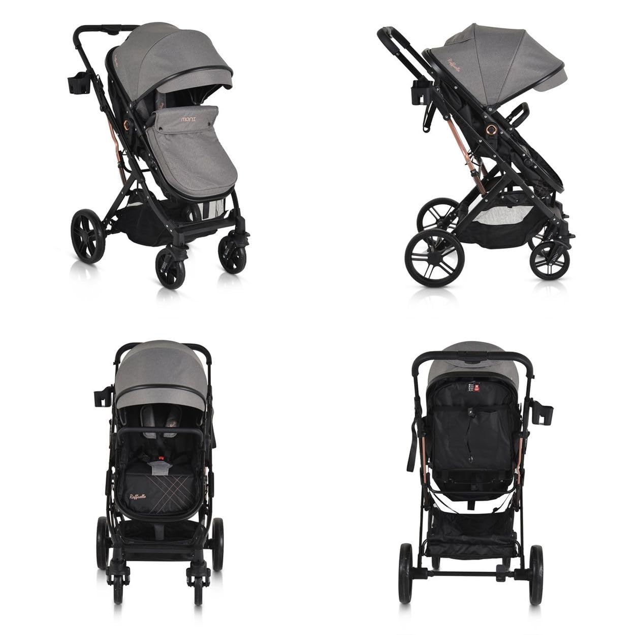 Moni cochecito Rafaello 2 en 1, convertible, asiento deportivo, cubrepiés, bolsa, colores:canoso