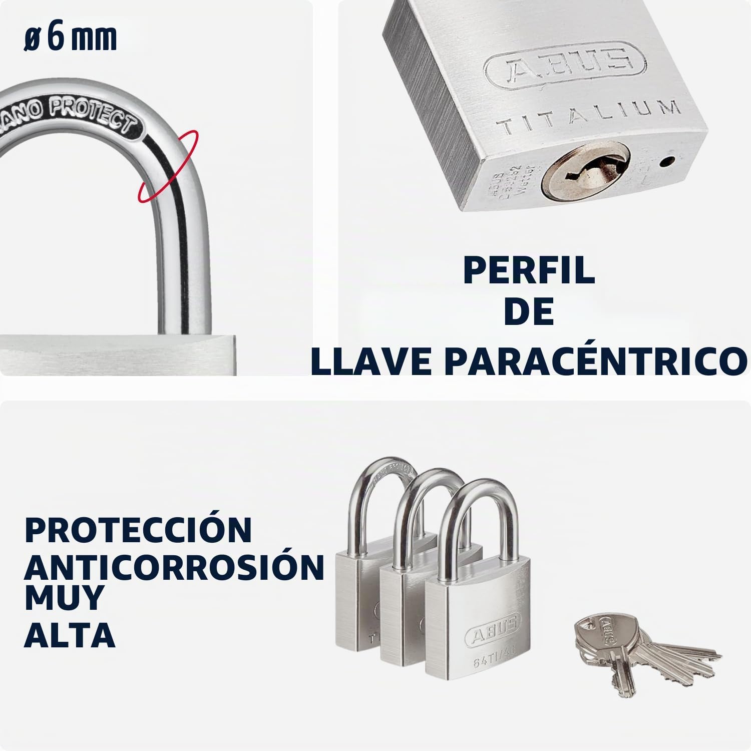 ABUS Candado Titalium 64TI/40 - Set de 3, Cierre Igualado