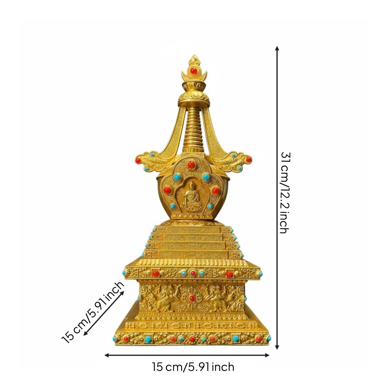 Gralara Pagoda Budista Stupa Torre Estatua Escultura en Latón Hecha a Mano con Grabados E Incrustaciones Símbolo con Buda Sentado Adecuada para Altar, 15cm 15cm 31cm, Torre Shenbian