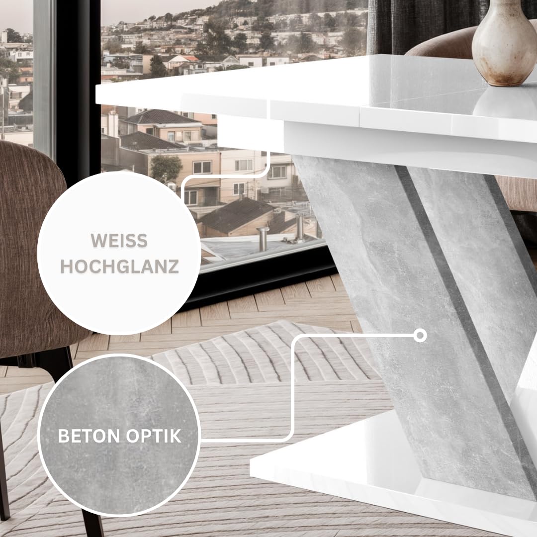 Dubai Eleganter Ausziehtisch 120-160x80 cm Großer Esstisch Loft Stil Weiß Hochglanz Betonoptik