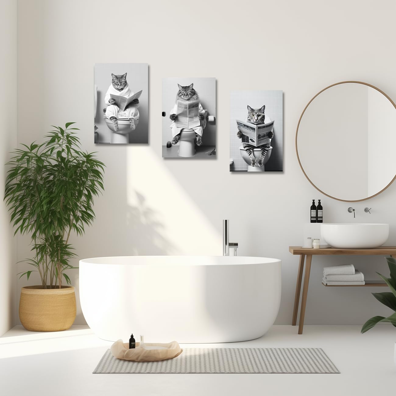 CXHOSTENT 3 Piece Animal Cat Sitting on Toilet Reading Newspaper Canvas Prints - Image 3