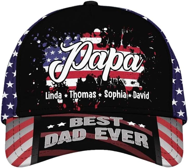 Personalized Dad Papa Cap, Papa with Grandkids USA Flag Cap, Custom Papa Cap, Dad Cap, 3D Baseball Cap Men, Baseball Cap for Dad, Fathers Day Hats for Men, for Dad Papa, Small-Large