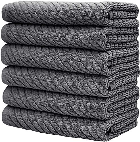Premium Kitchen Towels (16”x 25”, 6 Pack) | Large Cotton Kitchen Hand Towels | Dish Towels | Diagonal Weave Design | 445 GSM Highly Absorbent Tea Towels Set with Hanging Loop | Grey