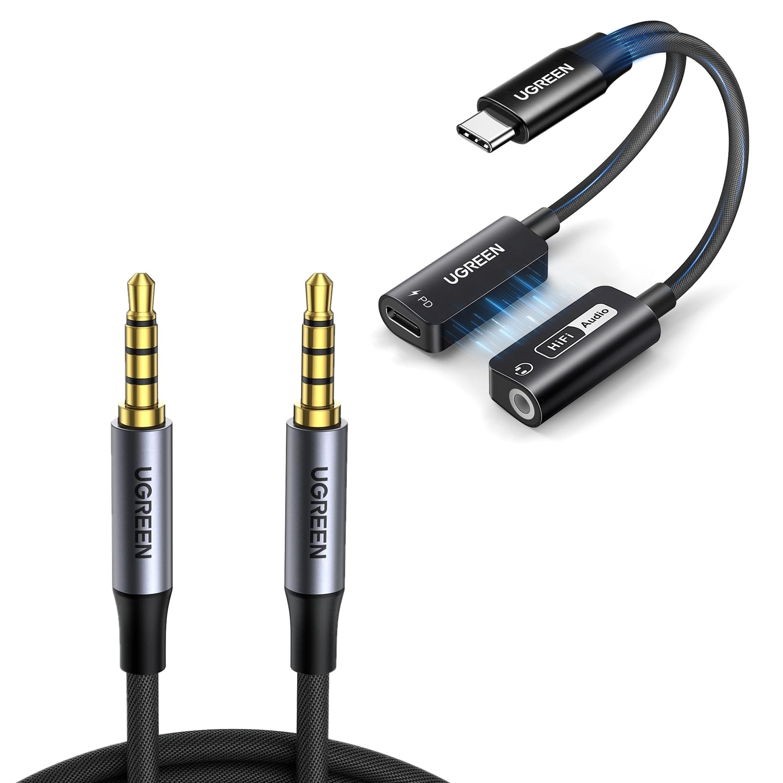 UGREEN Magnetic USB C to 3.5mm Audio Adapter and Charger 2 in 1 Hi-Res 32bit/384kHz Aux to USB C with PD 60W Fast Charging Bundle with 3.5mm Audio Cable Braided 4-Pole 3FT