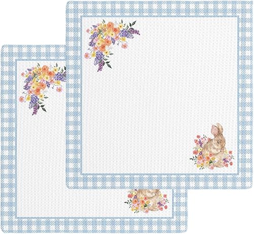 Artwork Store 2 Packs Kitchen Towel Cotton Waffle Weave, Easter Bunny Colorful Flowers Buffalo Plaid Absorbent Quick Drying Dish Cloths for Kitchen
