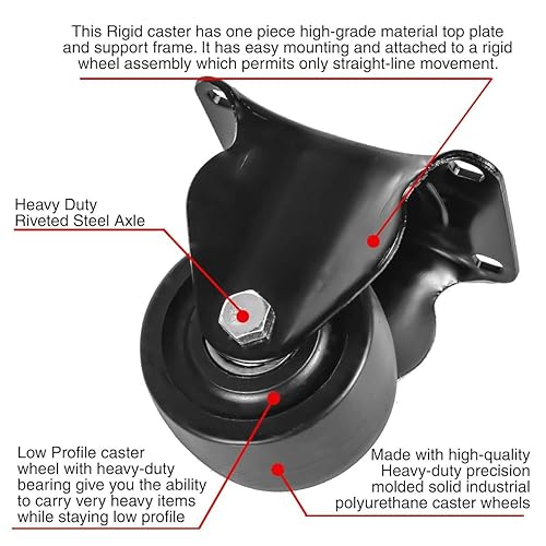 Miniatura 3 de FactorDuty Ruedas giratorias de poliuretano resistentes de 3 pulgadas, rígidas, fijas, no giratorias, de grado industrial, sólidas, de perfil bajo,