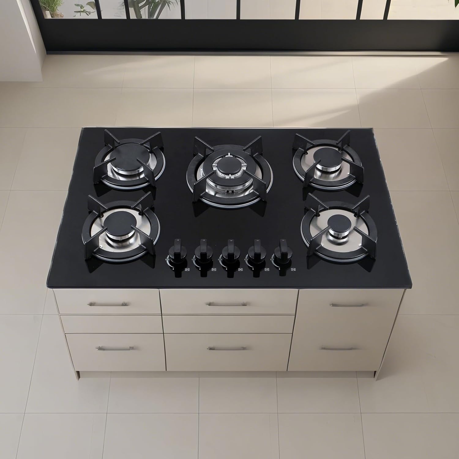 Gas Stove 5 Burners,Titanium Steel Cast Copper Stove,LPG/NG Conversion Stove with Flameout Protection,for Home and RV(NG)
