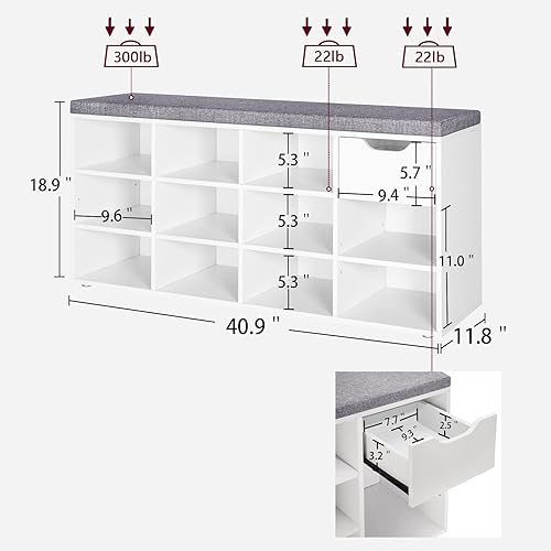 Miniatura 12 de DINZI LVJ Banco de zapatos, banco de almacenamiento de entrada con cajón y 8 cubículos, estantes ajustables, organizador de zapatos para sala de