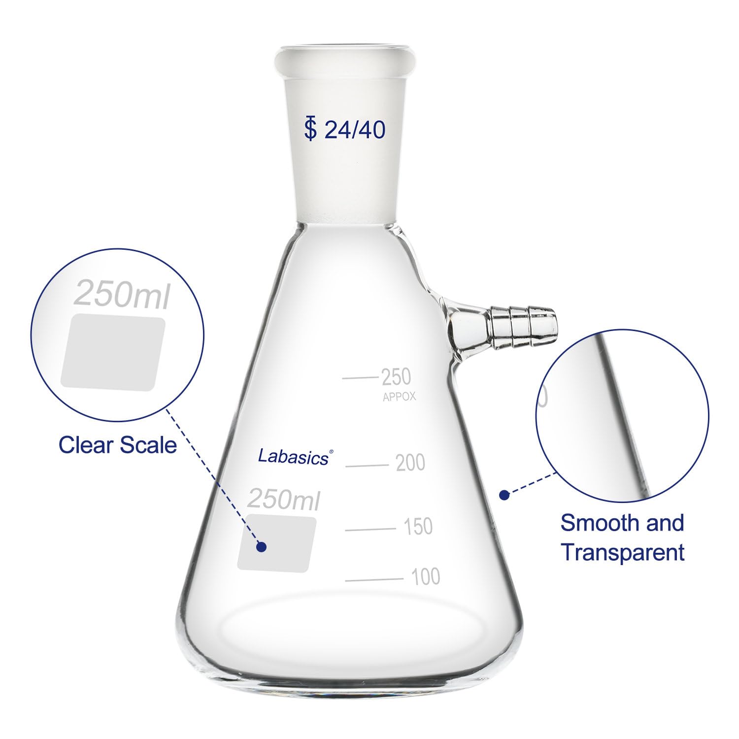 Labasics Matraz de Filtración 250 ml con Junta Cónica 24/40, Vidrio de Borosilicato, Cuello con Tornillo