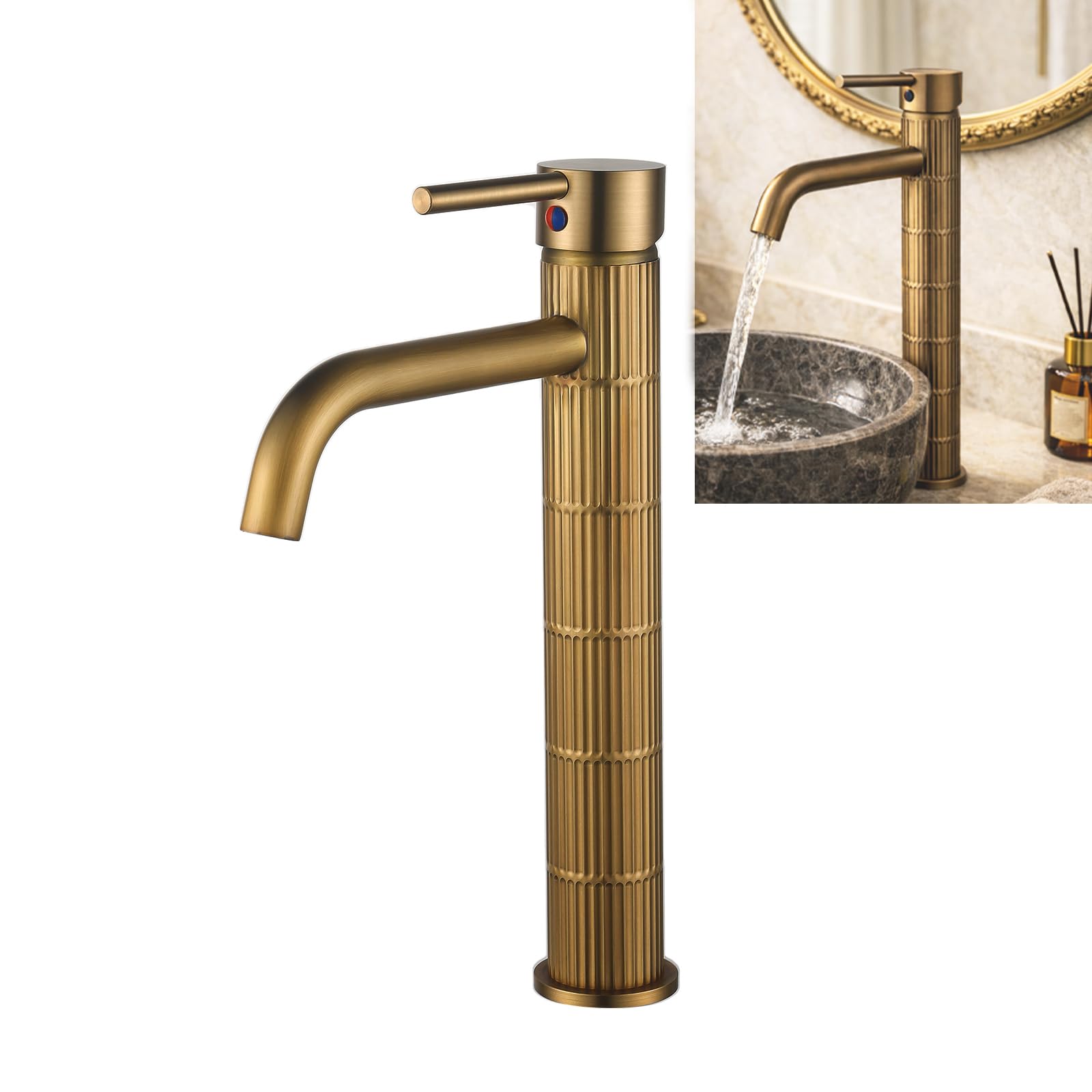 Grifo de lavabo alto monomando con cuerpo de latón, mezclador para lavabo sobre encimera, acabado vintage cepillado, cartucho cerámico (Bronce cepillado, Alto)