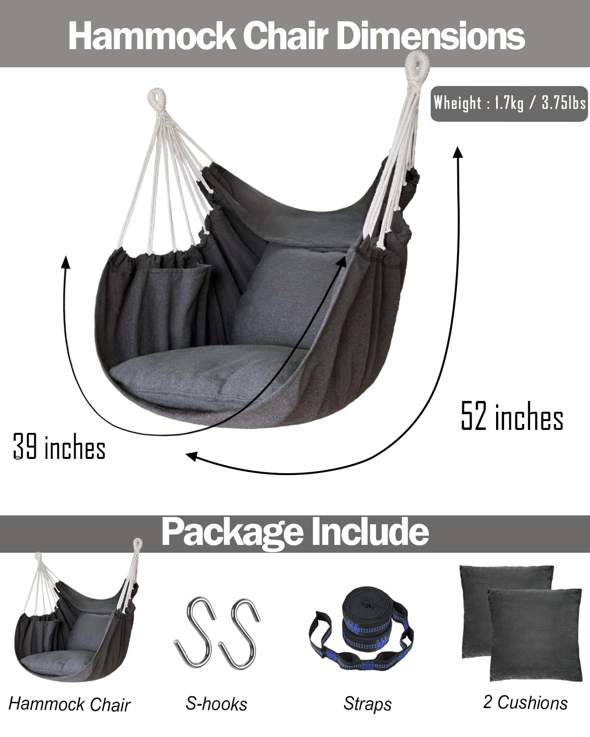 Halalona Amaca sospesa per sedia a dondolo con 2 cuscini inclusi, in morbido cotone intrecciato a mano, per camera da letto, veranda, patio, interno/esterno