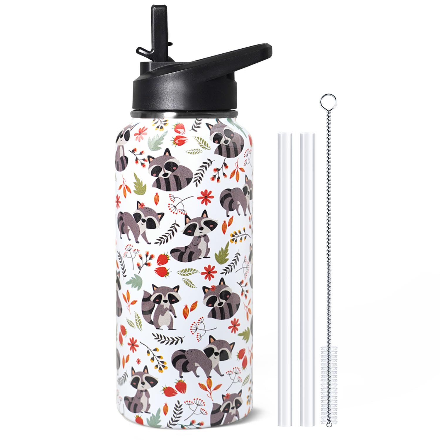 32oz Racoon Stainless Insulated Aater Water Bottle with Straw,Racoon Gym Hiking Sports Coffee Mug Cup Water Bottles,Racoon Gifts for Women,Racoon