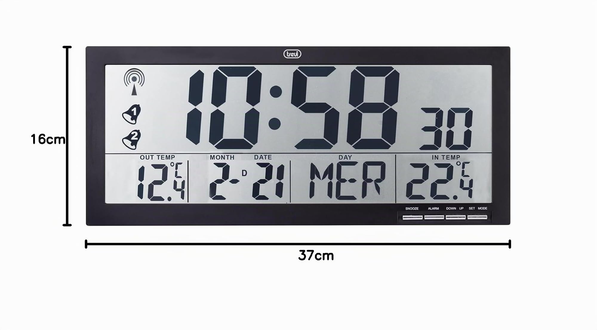 Trevi OM 3530 RC Orologio da Parete Radiocontrollato con Grande Display e Sensore Esterno Senza Fili, Termometro e Calendario Multilingue