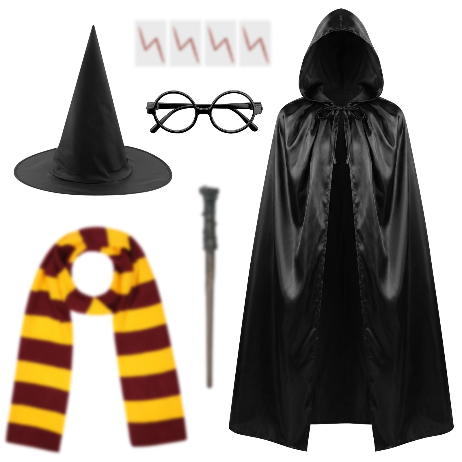 AUYAO 9 Pcs Wizard Costume Wizard Robe, Wizard Fancy Dress Up Costume with Magic Wand Cape Scarf Glasses Tattoo Sticker Hat Cosplay Outfit for World Book Day Halloween Men Women(150cm/59.06 inches) โ image 1