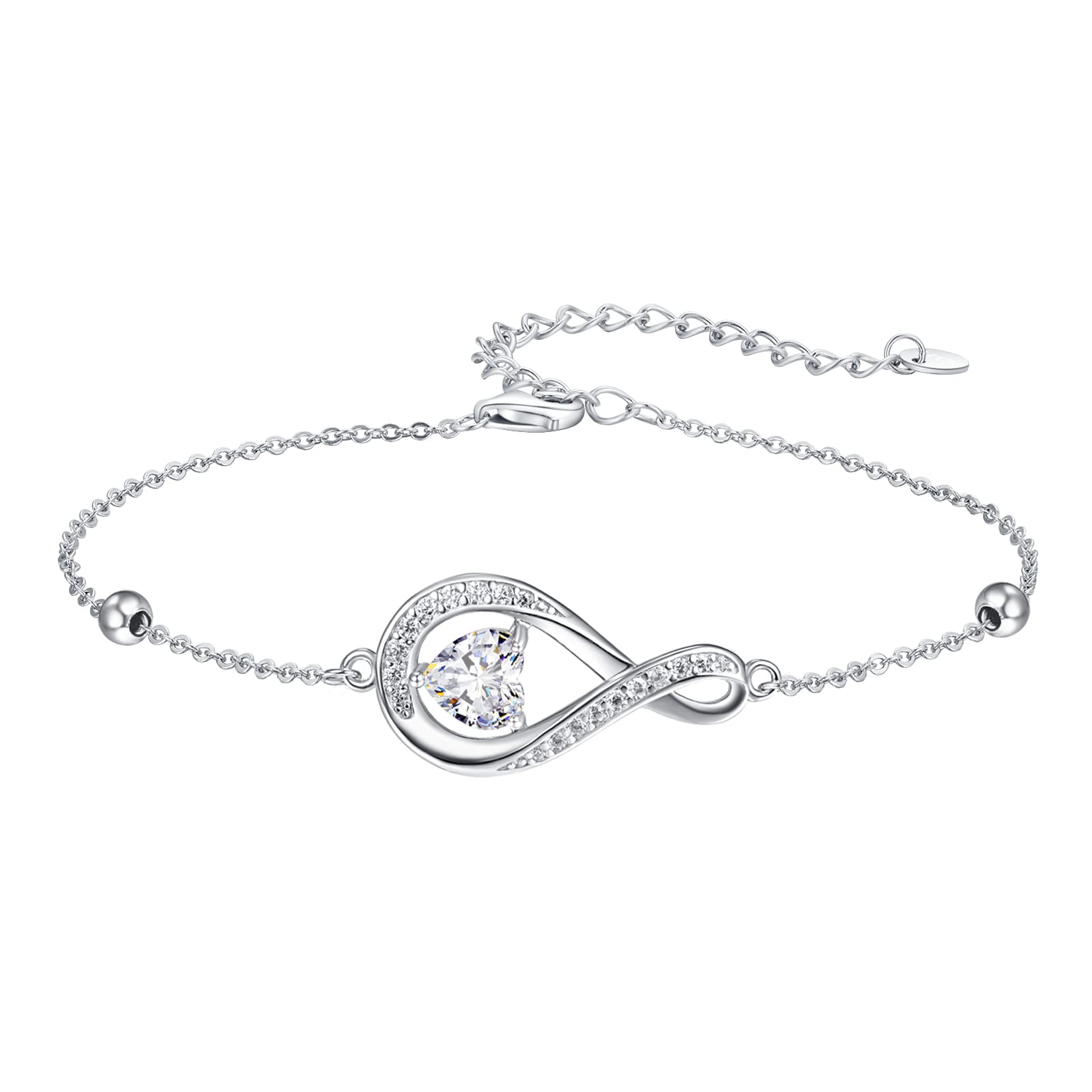 praymos Infinity Bracelets for Womens 925 Sterling Silver Heart Cubic Birthstone Charm Bracelet Adjustable Chain Jewellery Gifts for Her Women Wife Mum