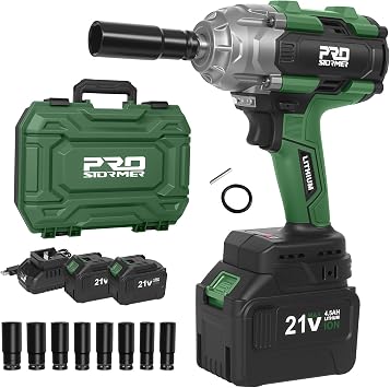 Prostormer 800N.m590Ft-lbs Cordless Impact Wrench, 1/2" Brushless High Torque Impact Gun Kit for Car Home, 2x4.5Ah Rechargable Batteries, Charger & 8 Sockets