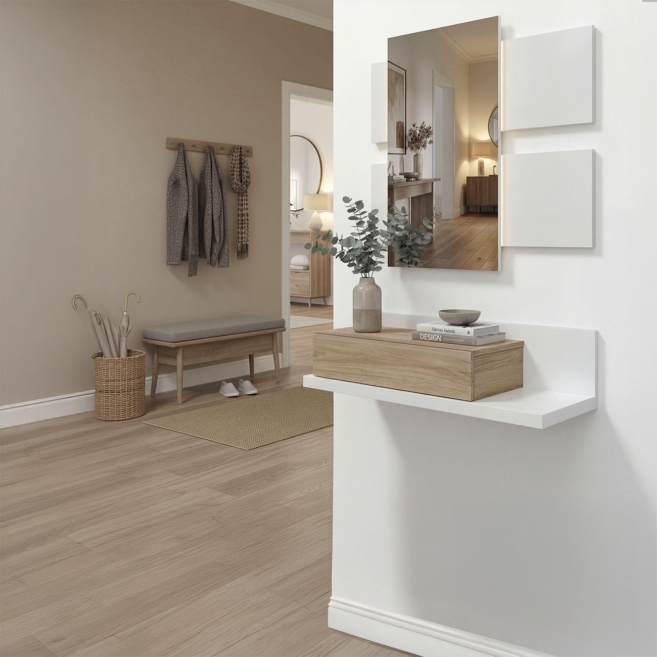duehome | Recibidor con cajón y Espejo, Mueble de Entrada, Modelo Milo, Acabado en Blanco Artik y Roble Canadian, Medidas: 75 cm (Largo) x 29 cm (Fondo) x 116 cm (Alto)