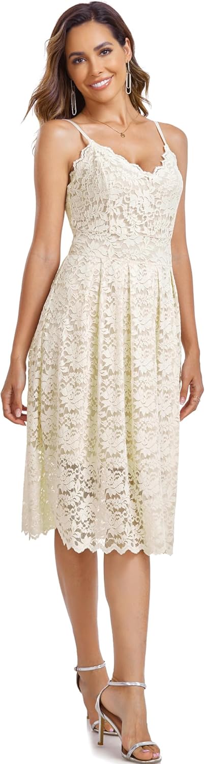 Atnlewhi Womens Spaghetti Strap V Neck Sleeveless A Line Lace Dresses for Evening Cocktail Formal Wedding Guest - Image 3