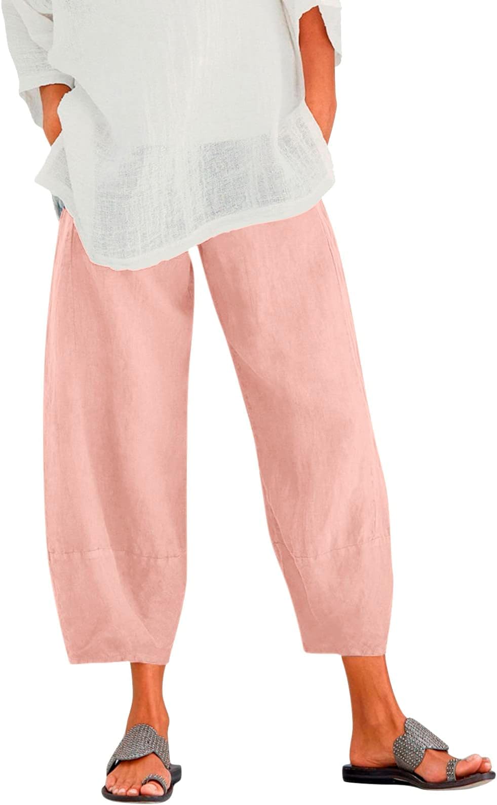 GenericCapri Pants for Women Casual Cotton Linen Wide Leg Cropped Trousers Summer Print Lounge Palazzo Pant with Pockets