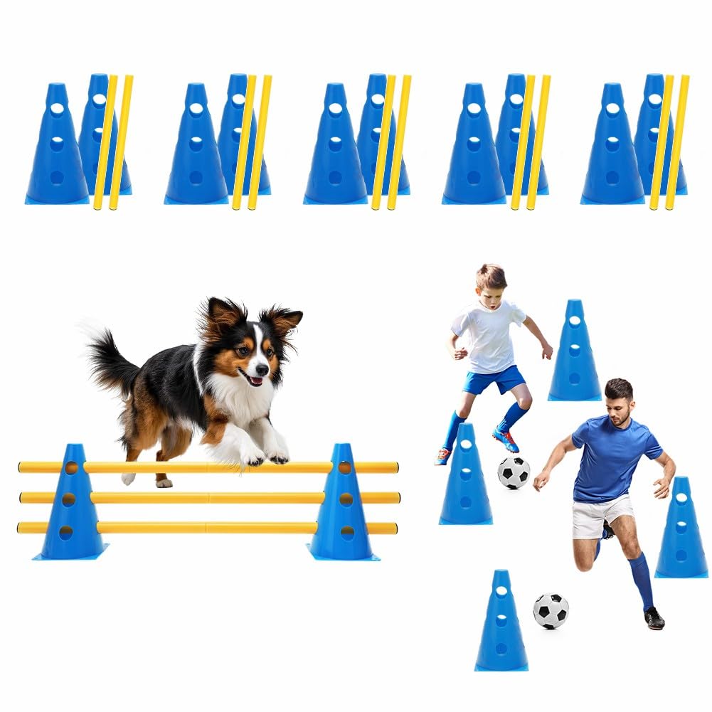LOMUG Agility Lot de 5 obstacles d'agilité pour chien, enfant, kit de 5 obstacles pour chevaux, parcours canins, cônes, obstacles d'entraînement réglables, avec barre de 80 cm et 10 cônes