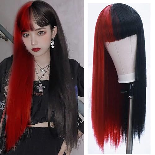 Swiking Peluca larga y recta mitad roja, mitad negra, peluca sintética natural para mujeres y niñas (mitad roja media negra)