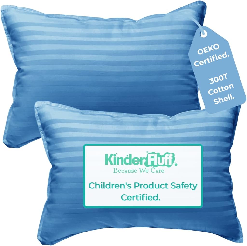 kinder Fluff Children Pillows (2pk) - The only Pillow 300T Soft Cotton & Down Alternative Fill - Hypoallergenic & Machine Washable. Ideal XS Pillows for Children Bed & Travel Pillow (33x46cm- Blue)