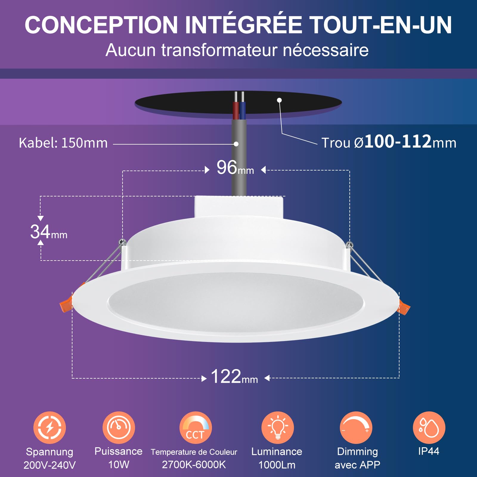 DUSKTEC Spot LED Encastrable RGBWW Connectée Alexa 220V 10W Dimmable 2700K-6000K Lot de 4