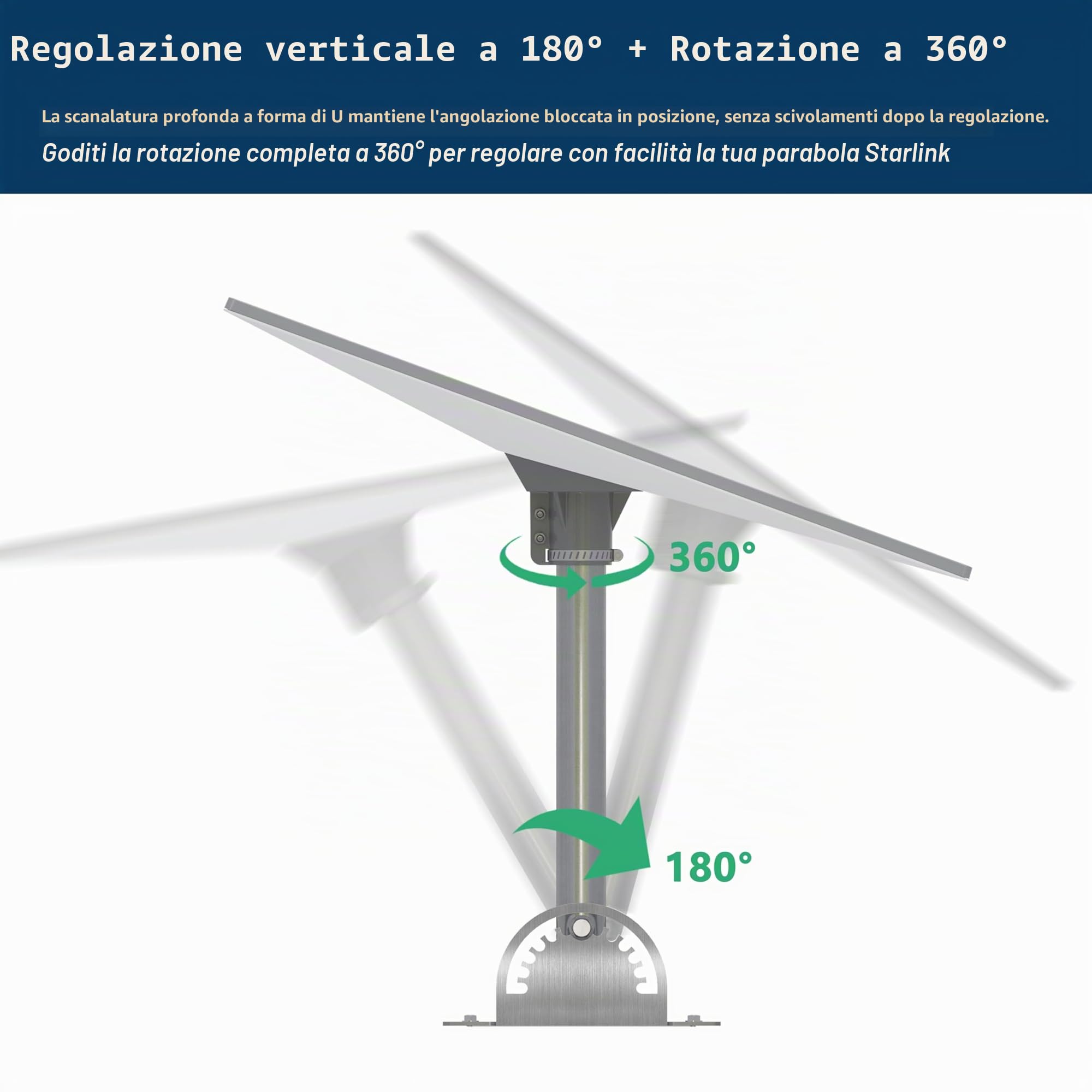Kit di montaggio su tetto in acciaio inossidabile con angolazione regolabile per parabola Starlink Standard (Gen 3) | Adattatore per tubo inclinato di 20° e asta dritta inclusi