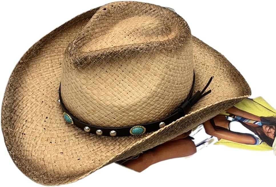 Western Cowboy Hat with Turquoise Band, Woven Straw, Vented Crown Design, Natural Tan